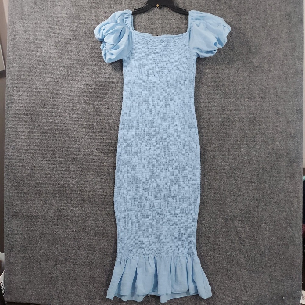 Baltic Born Dress Womens Small Blue Smocked Midi Bodycon Puff Sleeve Ruffle Hem - Picture 2 of 9